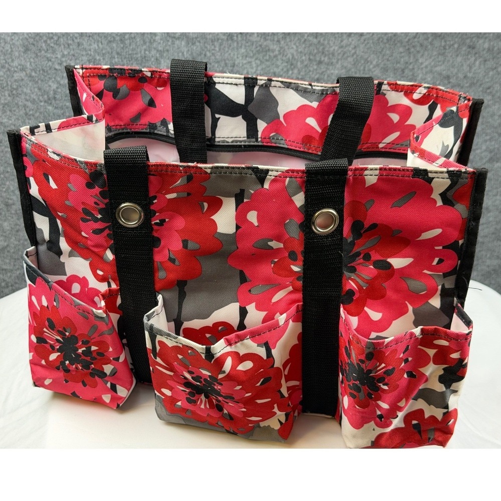 Thirty-One Zip-Top Organizing Utility Tote Red Grey Floral Multi Pocket Bag - Picture 3 of 9